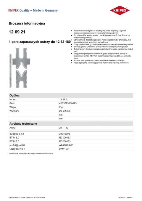 ZAPASOWE OSTRZE DO ŚCIĄGACZA IZOLACJI 1262180