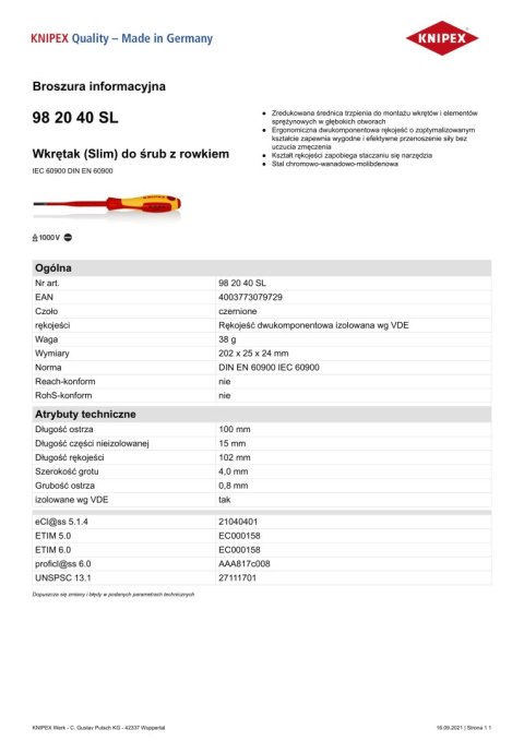 WKRĘTAK PŁASKI SLIM Z IZOLACJĄ 1000V 100MM 4 MM