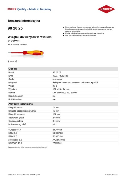 WKRĘTAK PŁASKI Z IZOLACJĄ 1000V 75MM 2.5 MM