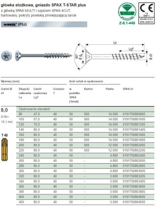 WKRĘT Z ŁBEM STOŻKOWYM 8*220MM TX WIROX SPAX