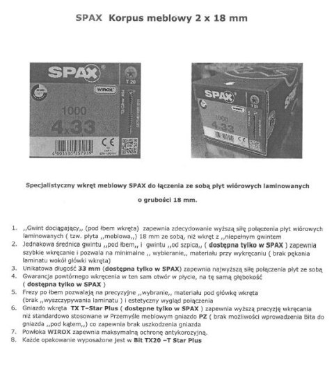 WKRĘT MEBLOWY DO ŁĄCZENIA PŁYT 4.0*33MM SPAX