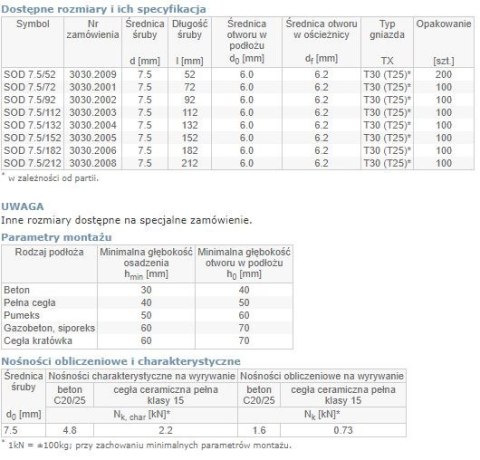 ŚRUBA OŚCIEŻNICOWA SOD 7.5/182MM ŁEB CYLINDRYCZNY