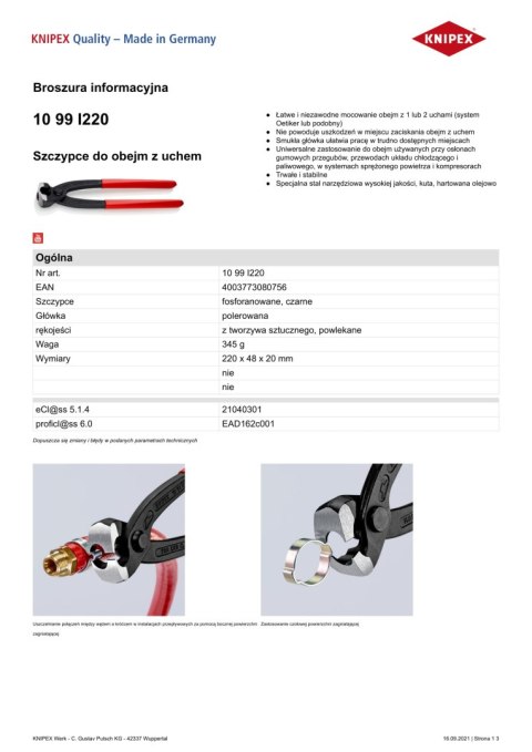 SZCZYPCE DO MONTAŻU OPASEK ZACISKOWYCH OETIKER 220MM