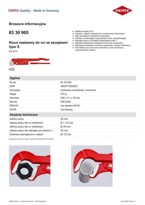 KLUCZ NASTAWNY DO RUR ZE SZCZĘKAMI TYPU S 245MM 1.5''